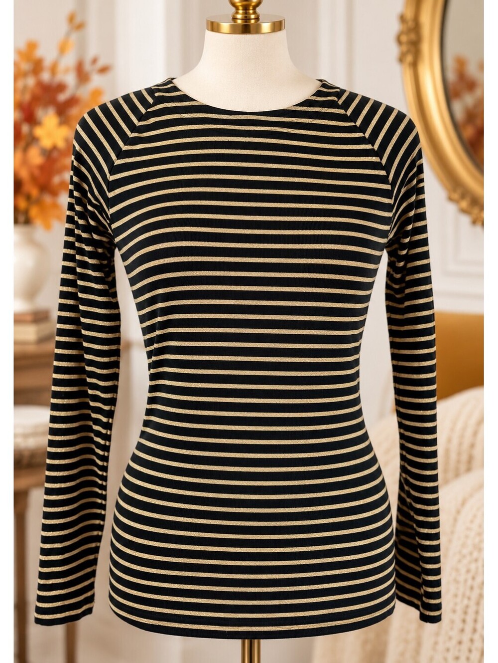 Lauren Ralph Lauren Size M Black Gold Metallic Stripe Long Sleeve Knit Top